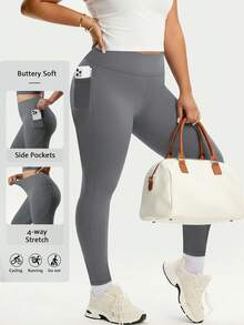 Plus Size High Waist Thick Yoga Pants With Pockets, Tummy Control Lifting Butt Shaping Workout Leggings, For Women - Grey - View 4