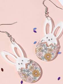 1 par de pendientes con colgante de conejo y huevo de Pascua con estampado de margaritas de acrílico colorido, adecuado como accesorio de regalo para mujeres y niñas en la festividad de Pascua - Multicolor - Ver 3