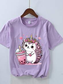 Girls' Cartoon Bubble Tea & Hedgehog Print Round Neck Short Sleeve T-Shirt, Casual Tee For Spring/Summer - Purple - View 3
