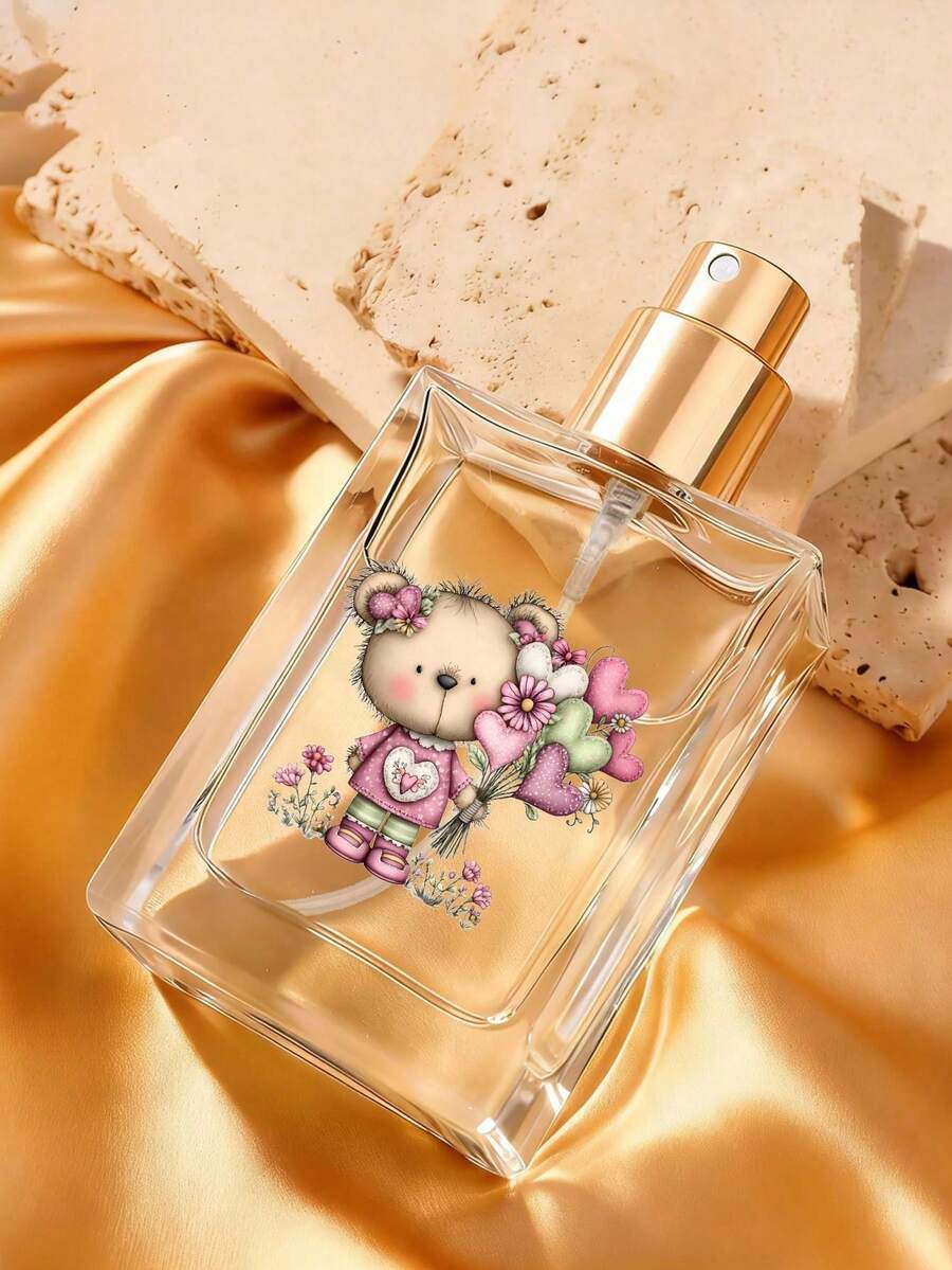 50ml Glass Refillable Perfume Bottle With Teddy Bear & Heart Bouquet Pattern, Mini Travel Spray Bottle, Perfect Gift For Anniversary, Birthday, Valentine's Day - Multicolor - View 1
