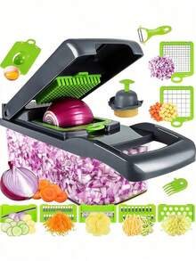 16-In-1 Vegetable Onion Chopper, Multifunctional Cutting Machine, Ingredient Processing Tool, Onion Chopper With Drain Basket, Carrot Garlic Chopper With Container, Kitchen Tools, Kitchen Accessories, Suitable For Home/Restaurant To Quickly Chop Vegetables - Black - View 6
