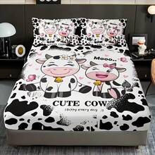 3pcs Animal & Letter Print Bedding Set - Includes 1 Fitted Sheet And 2 Pillowcases, Breathable Polyester, Machine Washable, Suitable For All Seasons, Animal Theme - Multicolor - View 1