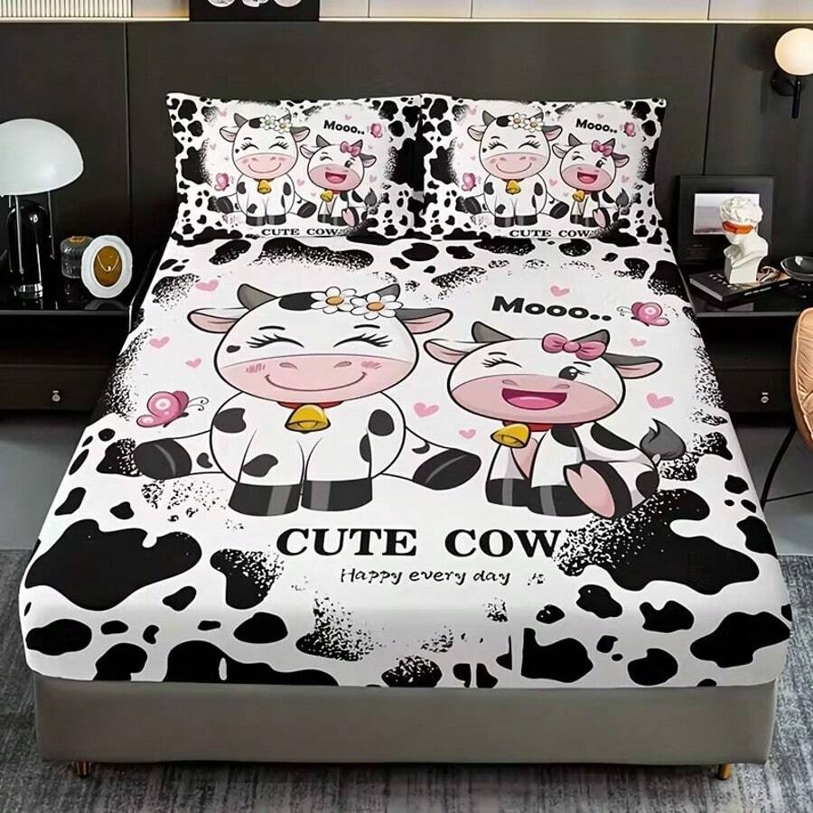 3pcs Animal & Letter Print Bedding Set - Includes 1 Fitted Sheet And 2 Pillowcases, Breathable Polyester, Machine Washable, Suitable For All Seasons, Animal Theme - Multicolor - View 1