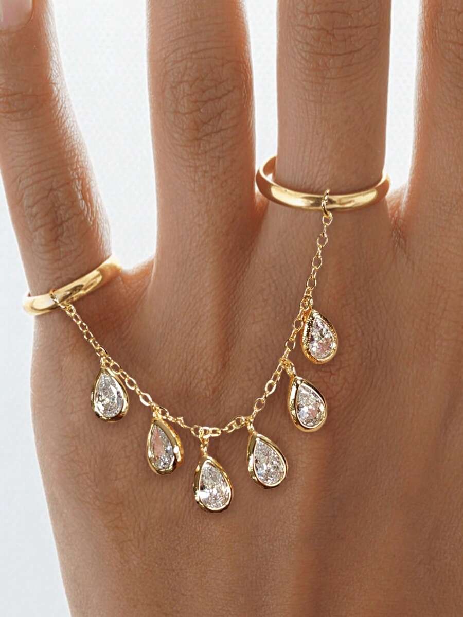 1pc Fashion Copper Zirconia Encrusted Full Finger Ring With Tassel Chain, Women's Wedding Party Jewelry, Wedding Season Gift - Gold - View 1