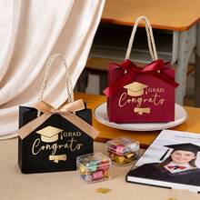 2/10/30个装毕业帽印花礼品袋，带编织绳提手，5.6 x 2.4 x 4.7 英寸迷你烫金印花礼品袋，带蝴蝶结丝带，毕业派对回礼袋，派对礼品盒（绿色、酒红色、黑色） - 彩色 - 查看 9