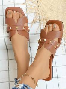 女士夏季新款休闲户外拖鞋，时尚平底凉鞋，宽松方头套脚拖鞋 - 棕色 - 查看 5