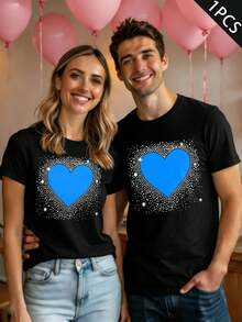 Maglietta coordinata con stampa a cuore per coppia, primavera, cotone di prima qualità, girocollo, vestibilità comoda, street hip-hop - DonnaNero-1PC - Visualizzare 1