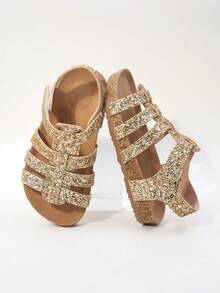 1 Paar Kinder Gold Glitzer Multi-Riemen Cut Out Kunstleder Komfortable Offene Zehe Schnallen Dicke Sohle Mode Sandalen, Geeignet für Geburtstagsparty - Gold - Übersicht 3
