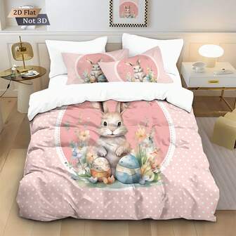 Juego de 3 piezas (1 Funda nórdica + 2 Fundas de almohada, sin relleno), Juego de ropa de cama con impresión digital de conejitos rosas lindos, huevos y flores de Pascua. Suave, cálido y transpirable, adecuado para todas las estaciones. Disponible en múltiples tamaños y tallas grandes para satisfacer diferentes necesidades, adecuado para todas las personas y habitaciones. Cierre con cremallera, lavable a máquina, excelente decoración para el dormitorio, también adecuado como regalo, aplicable a hotel, dormitorio, habitación, dormitorio y otros escenarios.