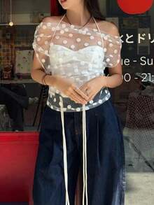 Womens Sheer Tops Off The Shoulder Short Sleeve Ruched See Through Slim Fit Polka Dots Print Elegant Blouses Y2k Tee Shirt - trắng - Xem 10