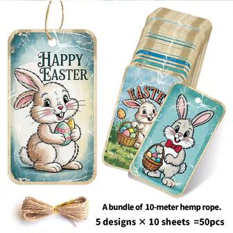 50 Stück Cartoon Osterhasen Geschenkanhänger mit Hanfkordel - Osterhasen, Kaninchen, Korb und Ei Thema für Ostergeschenke, Frühlings-Geschenkverpackung und festliche Dekoration, Oster-Geschenkanhänger