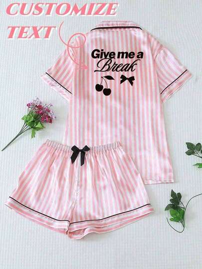 Custom Text Women's Pajama Set | Striped Short Sleeve & Shorts 2 Pieces Satin Loungewear | Soft & Comfortable, Ideal Gift For Girlfriend & Best Friend For Anniversaries & Birthdays