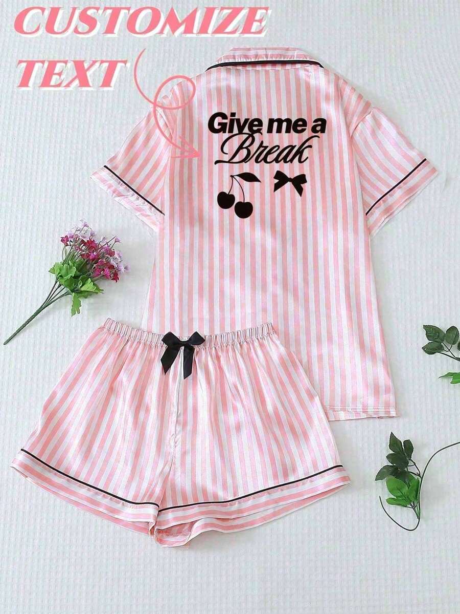 Custom Text Women's Pajama Set | Striped Short Sleeve & Shorts 2 Pieces Satin Loungewear | Soft & Comfortable, Ideal Gift For Girlfriend & Best Friend For Anniversaries & Birthdays - Màu Hồng Dưa hấu - Xem 1