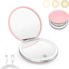 Pink Sunlight LED Travel Makeup Mirror | 1X/5X Dual Magnification, 5-Inch Large Clear Mirror | 3 Color Temperatures, Touch Dimmable | Foldable Portable, Magnetic Auto-Off | Type-C Rechargeable, Travel & Gift Essential - Hồng - Xem 1