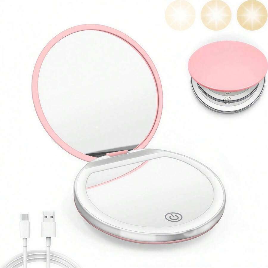 Pink Sunlight LED Travel Makeup Mirror | 1X/5X Dual Magnification, 5-Inch Large Clear Mirror | 3 Color Temperatures, Touch Dimmable | Foldable Portable, Magnetic Auto-Off | Type-C Rechargeable, Travel & Gift Essential - Hồng - Xem 1