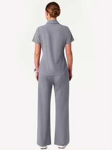 cimmuovere 2pcs Solid Color Pocket Top And Pants Pajama Set