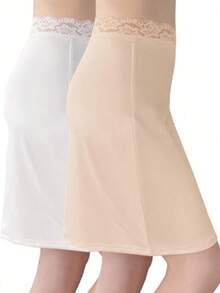 2pcs Set Elegant Lace Trim Solid Color Skirt, Side Slit Slip Skirt, Women Lingerie And Shapewear