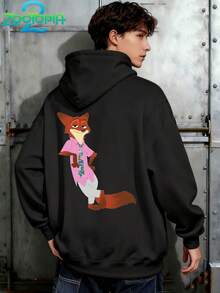 Disney Zootopia Series Stylish Stitch Print Hoodie, Men's Loose Fit Long Sleeve Drawstring Hoodie, Print Autumn/Winter Hoodie (Men's Pullover Hoodie, Black Hoodie, White Hoodie, Winter Hoodie, Gray Hoodie, Men's Winter Hoodie, Plus Size Hoodie) - Black - View 4