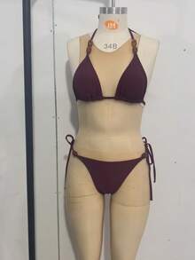 Women's New Solid Color Sexy Beaded Knot Tie-Back Bikini Set, Perfect For Beach Vacations Summer - Purple - View 1