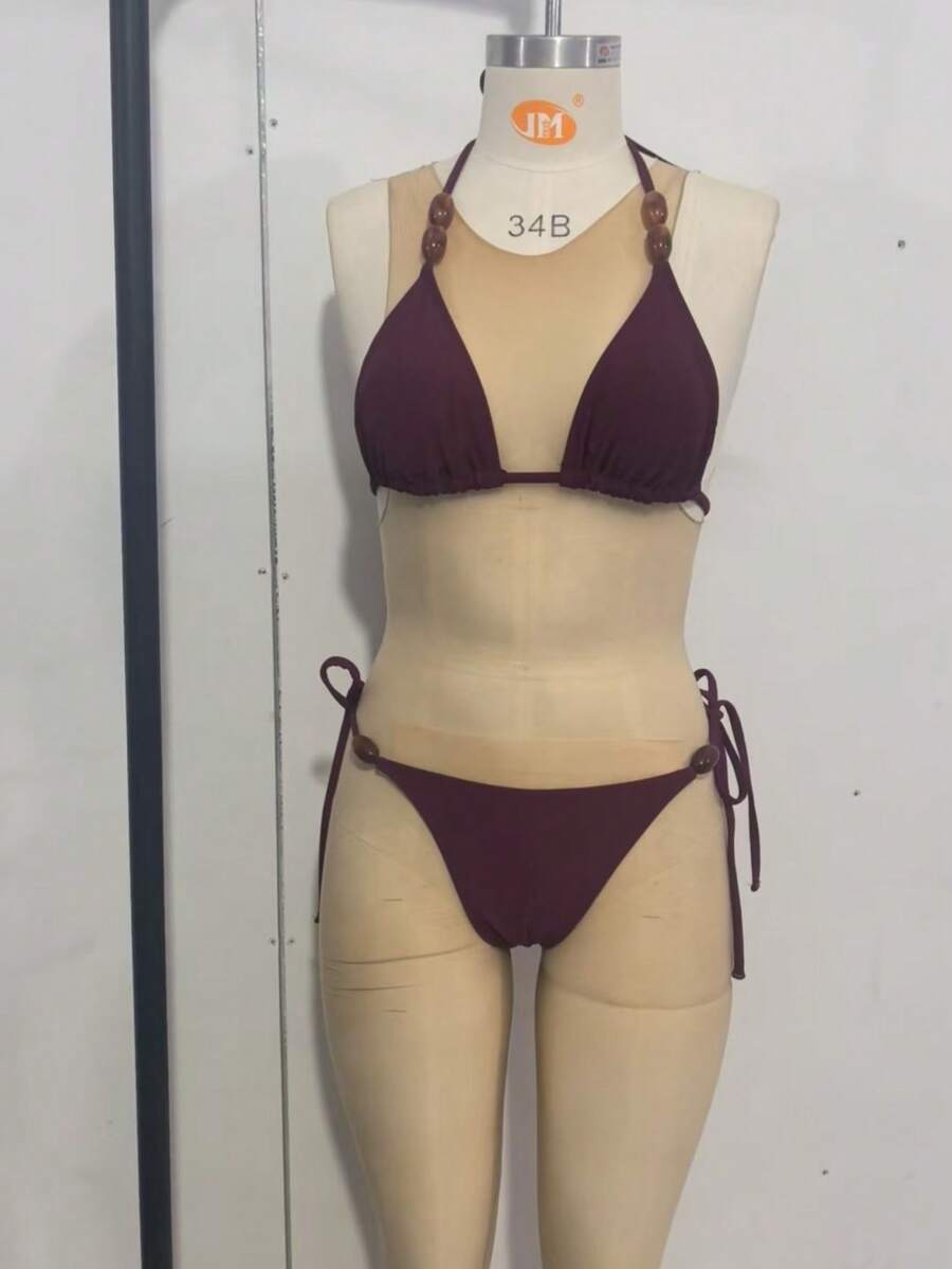 Women's New Solid Color Sexy Beaded Knot Tie-Back Bikini Set, Perfect For Beach Vacations Summer - Purple - View 1