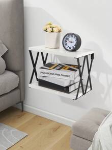 SUMGAR Bedside Table Wall Mounted, 2 Tier Rustic Wood Floating Nightstand For Bedroom Decor Storage, White Wood Black Metal Wall Bedside Shelf For Home Livingroom Bathroom Kitchen Decorative - 黑與白 - 查看 2