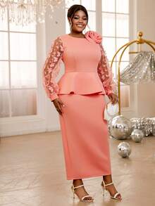 Plus Size Women's Party Dress With 3D Butterfly, Mesh, And Lantern Sleeves, Suitable For Formal Occasions, Elegant Cocktail Parties, Semi-Formal Dances, Wedding Guest Attire - 粉色 - 查看 8