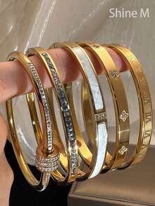 Set de 5 piezas de pulsera de acero inoxidable con números romanos personalizados, flores y diseño giratorio para alivio del estrés para hombres, diseño único, versátil y de moda, con múltiples elementos, un regalo exquisito e ideal, accesorio resistente y elegante - Dorado - Ver 3