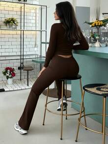 Women's Fashion Cropped Long Sleeve Top And Fitted Flare Pants Sports Suit, Autumn - Coffee Brown - View 4