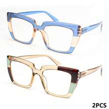 2pcs Women's Large Frame Reading Glasses, Colorful Patchwork Frame, Comfortable Spring Hinges, Simple & Versatile For Daily Wear - Blue + Green Tea - View 18