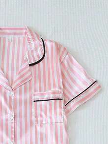Custom Text Women's Pajama Set | Striped Short Sleeve & Shorts 2 Pieces Satin Loungewear | Soft & Comfortable, Ideal Gift For Girlfriend & Best Friend For Anniversaries & Birthdays - Màu Hồng  Dưa hấu - Xem 3