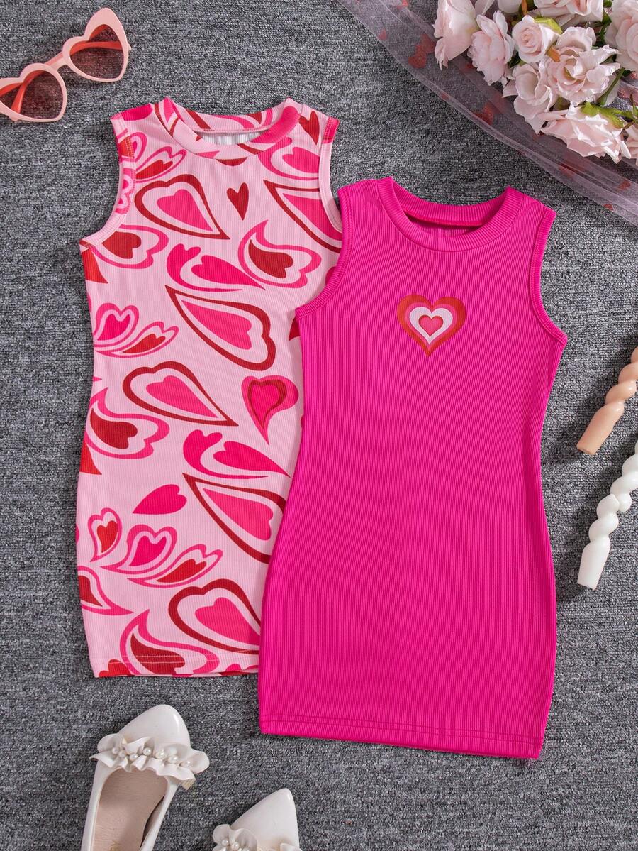 2pcs/Set Girls' Heart Print Sleeveless Ribbed Casual Dress, Outdoor - Hot Pink - View 1