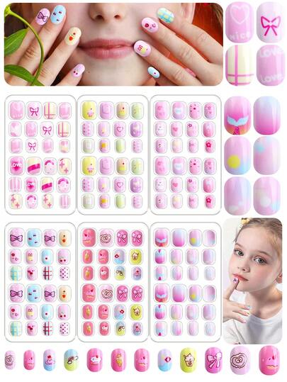 144pcs Kids Press On Nail Salon Set, Featuring Macaron-Colored Cartoon False Nails, Pre-Adhesive Nail Stickers, And Cute Gradient Nail Stickers. Perfect For Girls' DIY Nail Art, Home Parties, And Birthday Gifts.