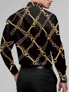 Spring & Autumn New Men's Fashion Gold Chain Print Lapel Slim Fit Long Sleeve Shirt - Soft & Stretchy Polyester Fabric, Casual & Sporty Loose Fit - Black - View 3