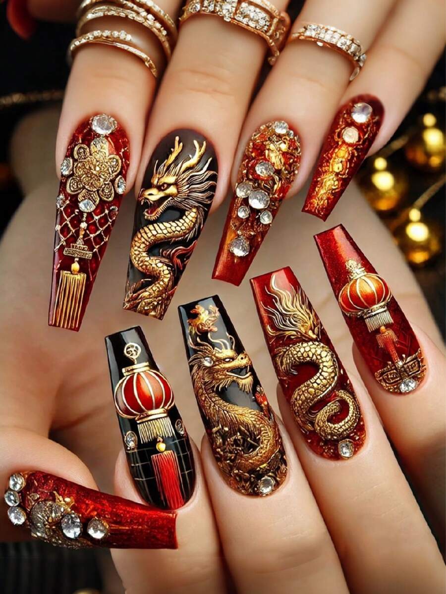 24片长棺材形金色3D龙纹美甲贴纸，中国新年红灯笼亚克力假指甲，日常佩戴完美之选 - 彩色 - 查看 1