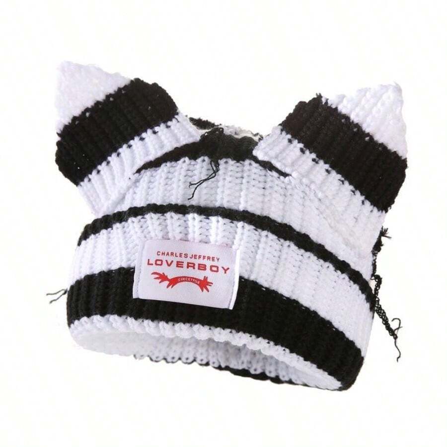 Y2K Loverboy Ear Beanie & Skull Cap For Women Men - Autumn Winter Cute Animal Ear Knitted Hat Unisex, Warm Fuzzy Fleece Lined Cold Weather Hat, Streetwear Acrylic Wool Blend Bobble Hat, Kawaii Personality Cat Ear Bonnet For Daily Outdoor, Christmas Gift Cozy Slouchy Beanie For Teens Adults, Matching Set Couple Hats With Embroidery For Snowboarding Skiing - 黑白條紋 - 查看 1