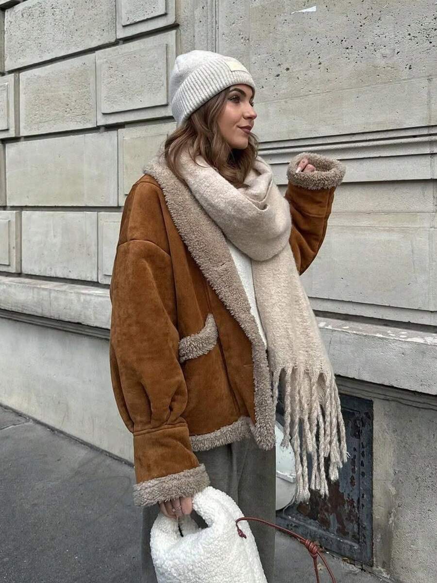 Vintage Cargo-Stil khakifarbene kurze Jacke aus Wildleder und Wollpatchwork für Frauen, Streetstyle, Party, Pendeln, Weihnachts-Date - vielseitige Damen Oberbekleidung - Khaki - Übersicht 1