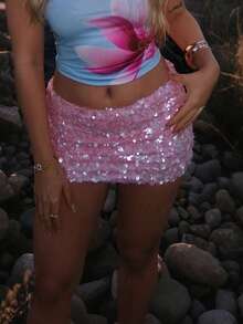 Women's Sparkly Sequin Mini Skirt Slim Fit Bodycon Rave Party Club Short Pencil Skirts - Hồng - Xem 1
