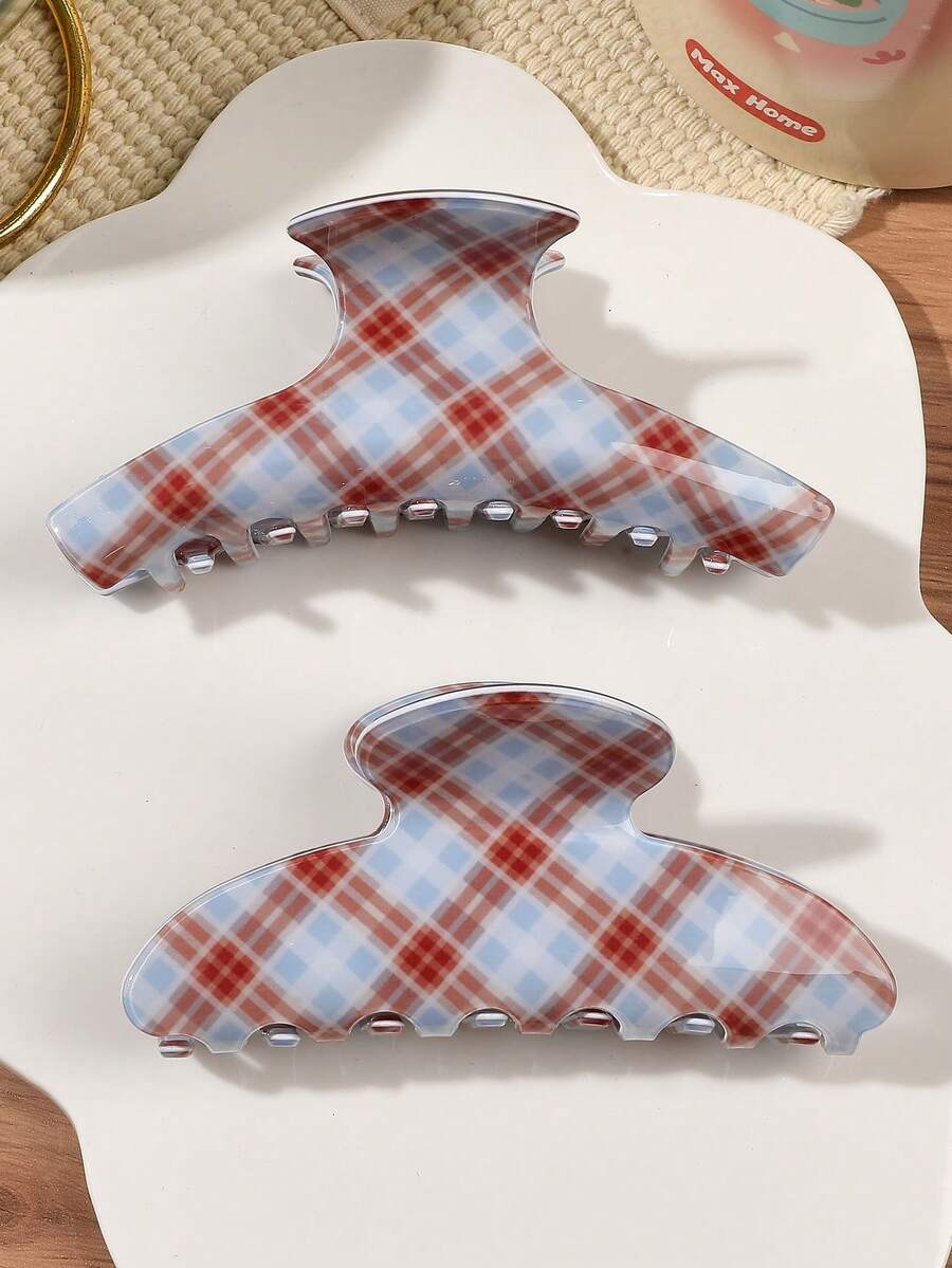 2件套蓝色和卡其色撞色格纹简约单肩半圆发爪，度假风，蓬松发饰，女士时尚发夹，优雅发卡，休闲发夹 - 2件套-藍卡格紋 - 查看 1