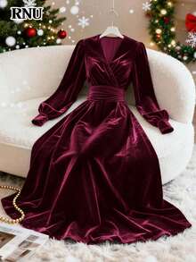 RNU Đầm maxi nhung màu đỏ tía trơn dành cho nữ, cổ chữ V, thiết kế thắt eo, trang phục thanh lịch cho phái nữ, đầm dạ hội thu/đông, thích hợp cho tiệc tùng, hẹn hò, kỳ nghỉ, các dịp thường ngày, đầm maxi xếp ly, đầm sinh nhật màu đỏ, trang phục mùa đông, thời trang đa năng, thiết kế độc đáo, đầm ngày lễ tình nhân, trang phục lễ hội, đầm dài năm mới, đầm maxi dài tay dáng chữ A duyên dáng dành cho khách dự đám cưới, mùa xuân/hè. - Màu đỏ tím - Xem 2