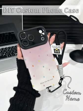 1 pieza Funda de teléfono con cordón compatible con iPhone 17ProMax/16ProMax/15Pro/14 Plus/13 Pro/12 Pro Max/11/7P/XS/XR y otros teléfonos, con texto personalizado y patrón de estrella de gota de lluvia, textura de cuero y TPU, anti-caída y anti-huellas dactilares