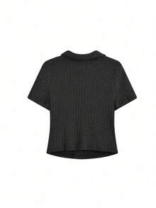 Women's Solid Color Single-Breasted Long Sleeve Ribbed Casual T-Shirt, Spring/Summer Black - Black - View 4