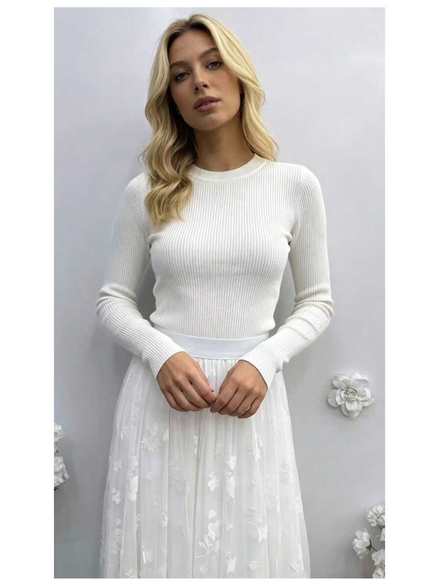 Floral Embroidered Tulle Midi Skirt – Midi Waist, Romantic And Elegant - 白色 - 查看 1