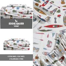 Eddie Bauer - Juego de sábanas es, Juego de Ropa de Cama de percal de algodón, decoración del hogar crujiente y Fresca (Kayak Adventure, )(Kayak Adventure White Individual) - Multicolor - Ver 1
