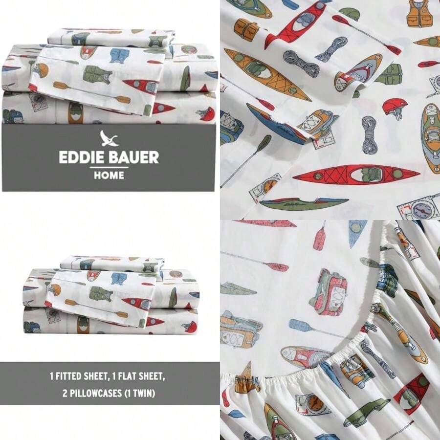 Eddie Bauer - Juego de sábanas es, Juego de Ropa de Cama de percal de algodón, decoración del hogar crujiente y Fresca (Kayak Adventure, )(Kayak Adventure White Individual) - Multicolor - Ver 1