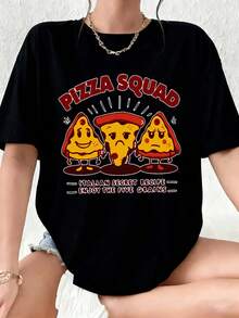 Round Neck Fun Print Pizza Squad Italian Secret Recipe Enjoy The Five Grains T-Shirt Women Men Unisex Casual Graphic Tee Shirt Fun Food Design Pizza Lover Gift Suitable For Holiday Gifts - màu đen - Xem 2