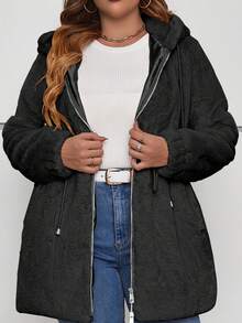 Plus Size Women Faux Fur Jacket, Fuzzy Felt Hat, Cinched Waist, With Pockets, Suitable For Autumn & Winter - Black - View 2