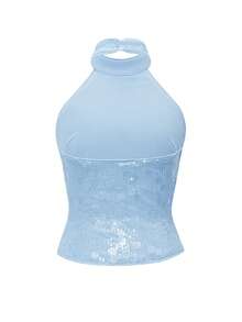女士性感露肩亮片上衣，适合婚礼、舞会、音乐节、母亲节派对、海滩度假等场合。 - 淺藍色 - 查看 5