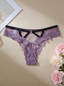 Lace Polka Dot Sheer Sexy Low-Rise Thong Panties With Hollow Out T-Shirt For Women Sexy Lingerie - Purple - View 2