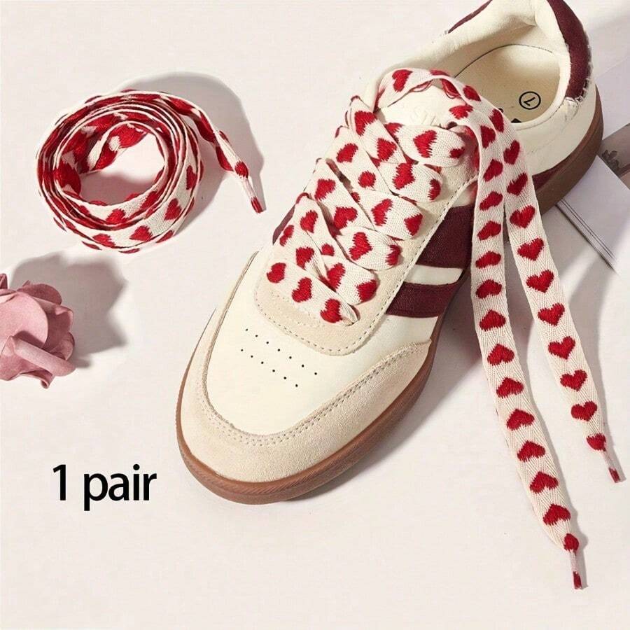 Pair Of Heart-Shaped Flat-Soled Shoelaces - Lightweight Polyester With Pink Hearts And Ribbon Bows For Casual Sneakers, Flats, Boots - Stylish And Durable Footwear, Lightweight Fiber Shoelaces - [Màu đỏ] - Xem 1