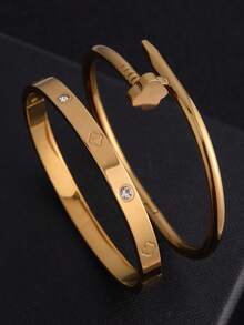 两件套不锈钢时尚手链，18K镀金女士饰品，适合日常佩戴，可作为送给女友、妻子、女儿、女性朋友的礼物。 - 金色 - 查看 6